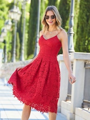 Sosandar Red Guipure Lace Strappy Fit And Flare Dress - Image 2 of 4
