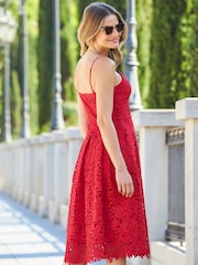 Sosandar Red Guipure Lace Strappy Fit And Flare Dress - Image 3 of 4