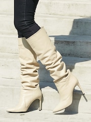 Sosandar Cream White Belle Leather Slouch Stiletto Heel Knee High Boots - Image 1 of 3