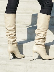 Sosandar Cream White Belle Leather Slouch Stiletto Heel Knee High Boots - Image 2 of 3