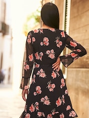 Sosandar Black Floral Print Wrap Front Dress - Image 2 of 4