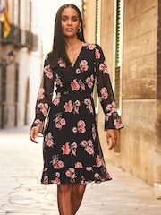 Sosandar Black Floral Print Wrap Front Dress - Image 3 of 4