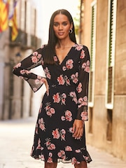 Sosandar Black Floral Print Wrap Front Dress - Image 4 of 4