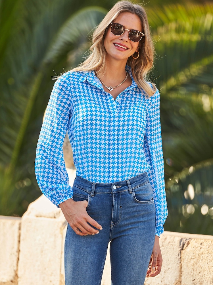 Sosandar Light Blue Printed Button Down Shirt - Image 1 of 4