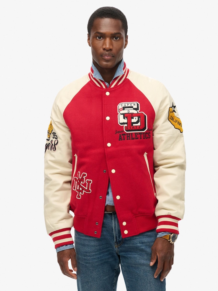 Superdry Red College Varsity Patched Bomber Jacket - Image 1 of 8