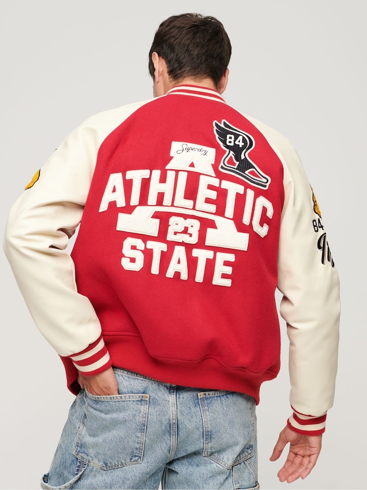 Superdry Red College Varsity Patched Bomber Jacket - Image 2 of 8