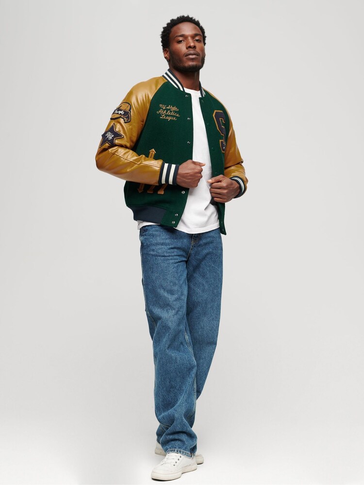 Superdry Green College Varsity Patched Bomber Jacket - Image 3 of 5
