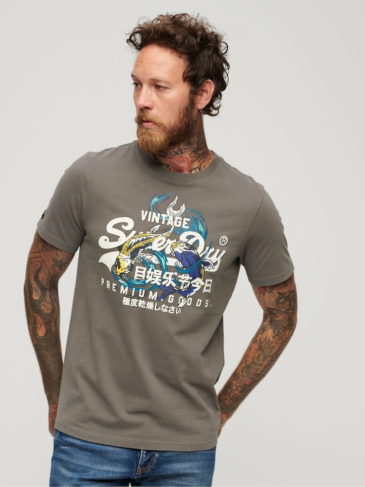 Superdry Grey 100% Cotton Japanese Vintage Logo Graphic T-Shirt - Image 1 of 5