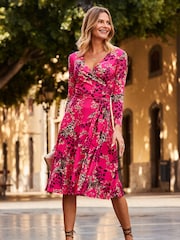Sosandar Pink Long Sleeve Wrap Knee Lenght Dress - Image 4 of 5