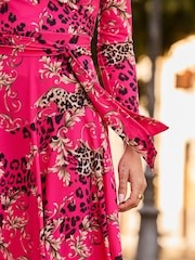 Sosandar Pink Long Sleeve Wrap Knee Lenght Dress - Image 5 of 5