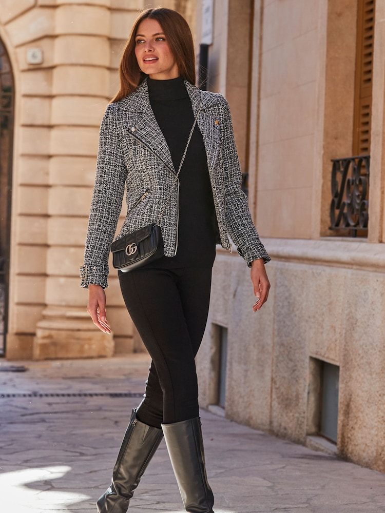 Sosandar Black Tweed Biker Jacket - Image 1 of 4