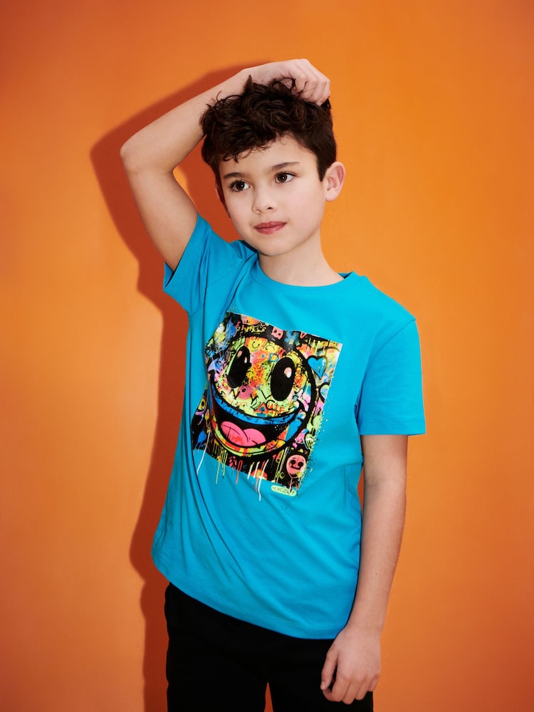 Blue Graffiti Smile 100% Cotton Short Sleeve Graphic T-Shirt (3-16yrs) - Image 1 of 7
