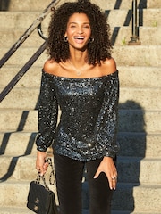 Sosandar Grey Sequin Bardot Long Sleeve Top - Image 1 of 5