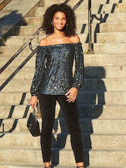 Sosandar Grey Sequin Bardot Long Sleeve Top - Image 3 of 5