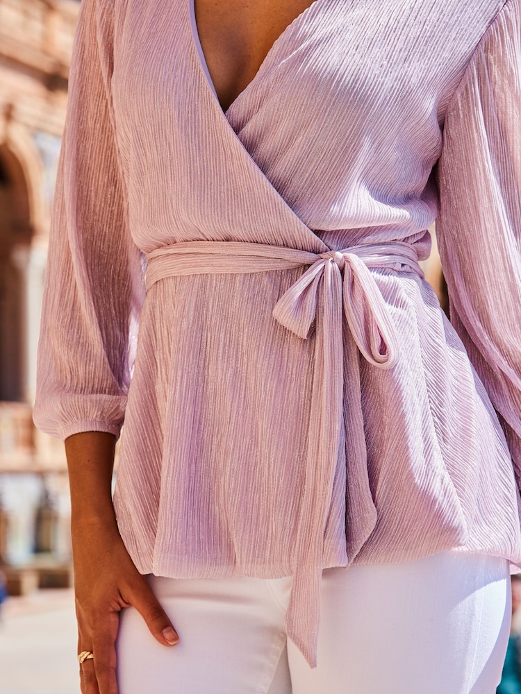 Sosandar Pink Plisse Wrap Tunic Top - Image 5 of 5