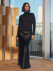Black Tailored Satin Midi Skirt - Image 1 of 8