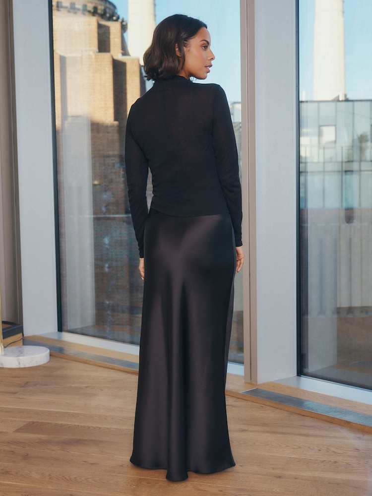 Black Tailored Satin Midi Skirt - Image 2 of 8