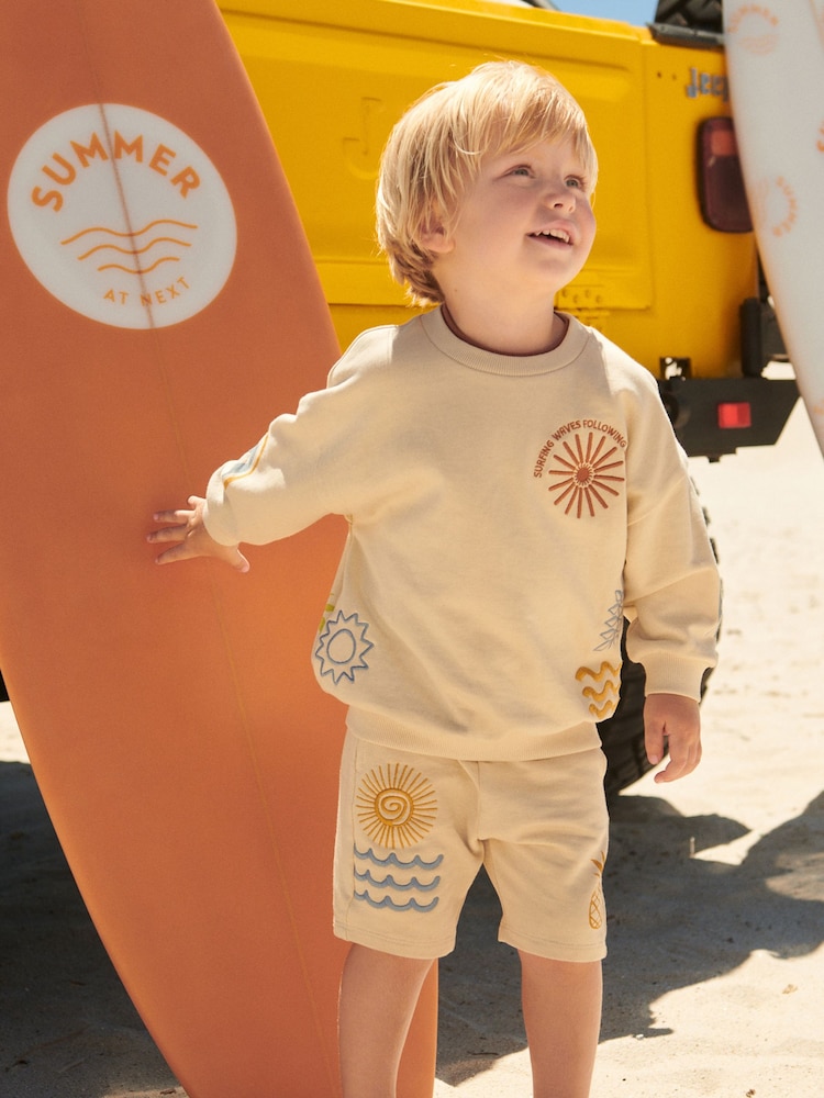 Stone Summer Jersey 100% Cotton Crew Neck Sweatshirt and Short Set (3mths-7yrs) - Image 1 of 7