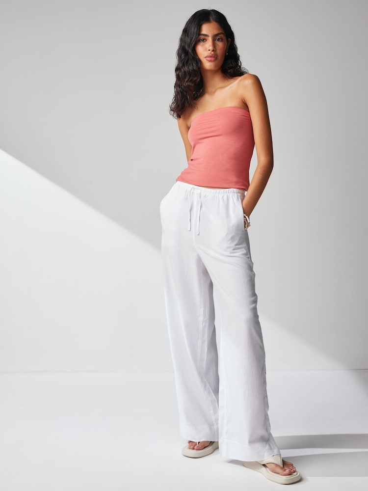 White Wide Leg Linen Blend Trouser - Image 1 of 6