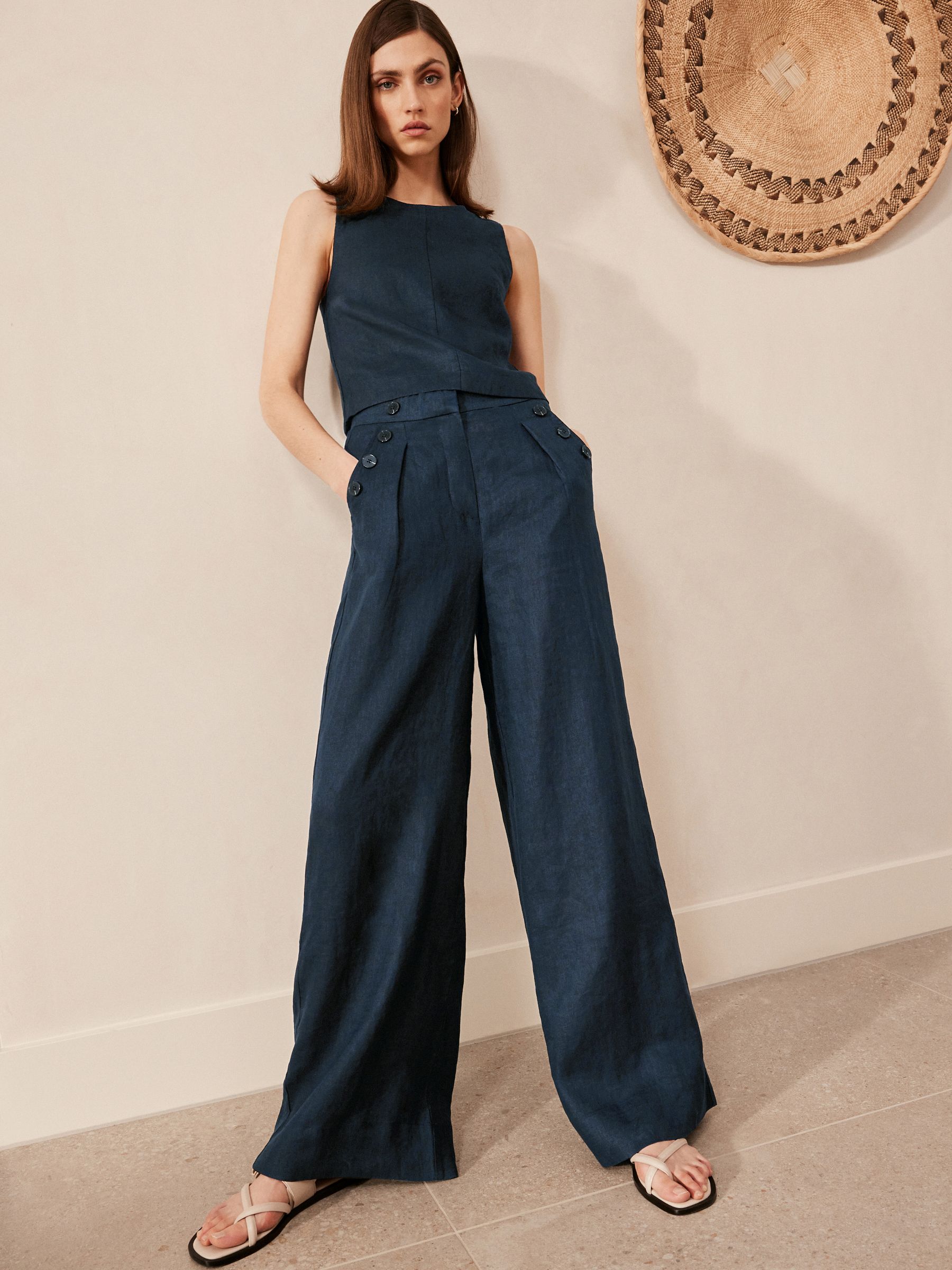 Buy Navy Blue 100 Linen Button Wide Leg Trousers from Next Luxembourg