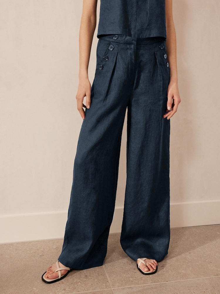 Navy Blue 100% Linen Button Wide Leg Trousers - Image 2 of 6