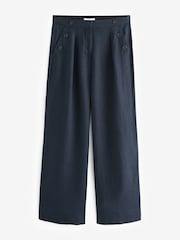 Navy Blue 100% Linen Button Wide Leg Trousers - Image 5 of 6