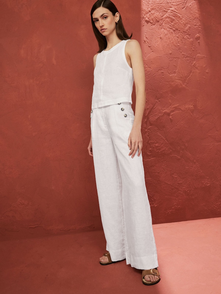 White 100% Linen Button Wide Leg Trousers - Image 1 of 6 White 100% Linen Button Wide Leg Trousers - Image 1 of 6