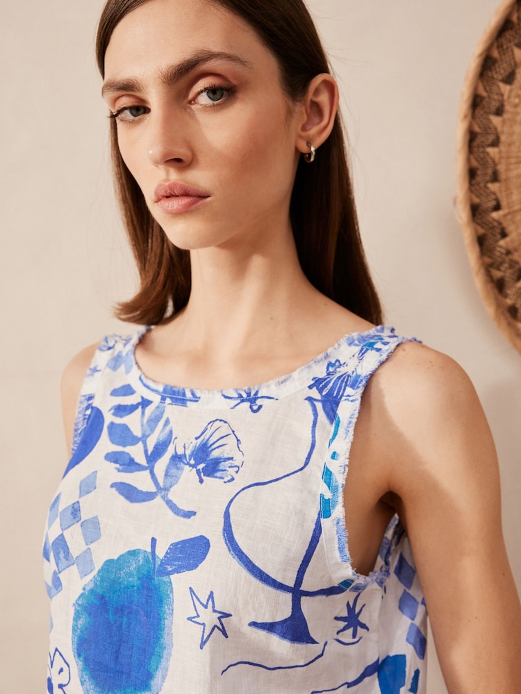 Blue on White Premium 100% Linen Top - Image 1 of 6