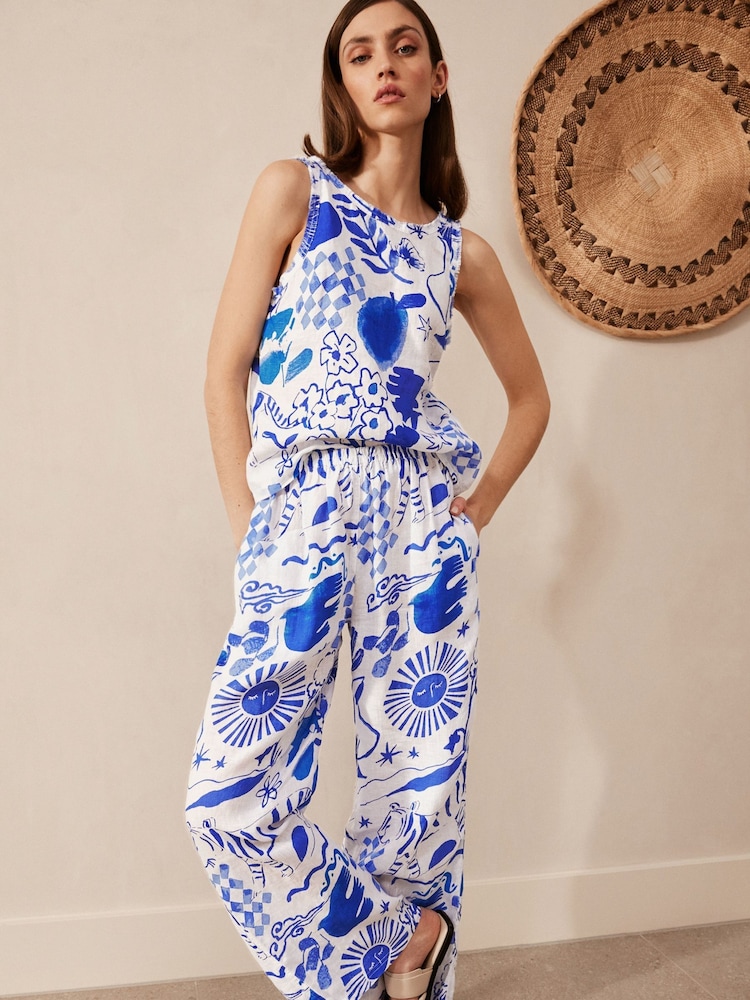 Blue on White Premium 100% Linen Top - Image 2 of 6