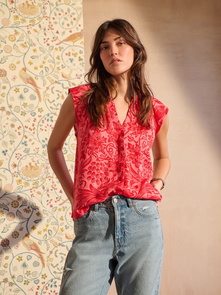 Morris & Co. Sunflower Linen Blend Button Down Relaxed Sleeve Printed Top - Image 1 of 7