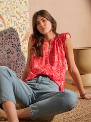 Morris & Co. Sunflower Linen Blend Button Down Relaxed Sleeve Printed Top - Image 3 of 7