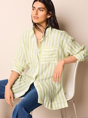 Zelena s črtami - Linen Look Casual Summer Shirt - Slika 1 iz 6