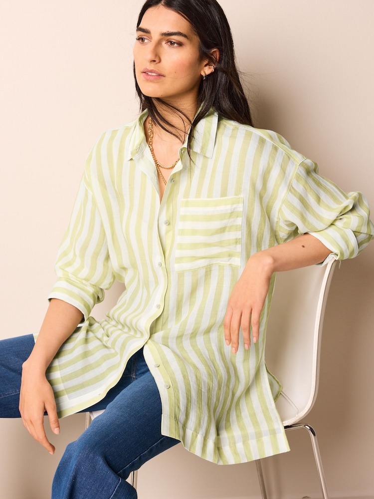 Zelena s črtami - Linen Look Casual Summer Shirt - Slika 1 iz 6
