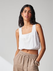White Summer Square Neck Top with Linen - Image 1 of 6