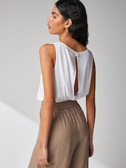 White Summer Square Neck Top with Linen - Image 2 of 6