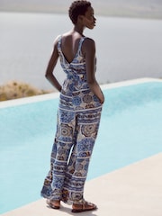 Blue Geometric Print V-Neck Belted Summer Wide Leg Jumpsuit - Image 3 of 6