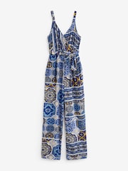 Blue Geometric Print V-Neck Belted Summer Wide Leg Jumpsuit - Image 5 of 6