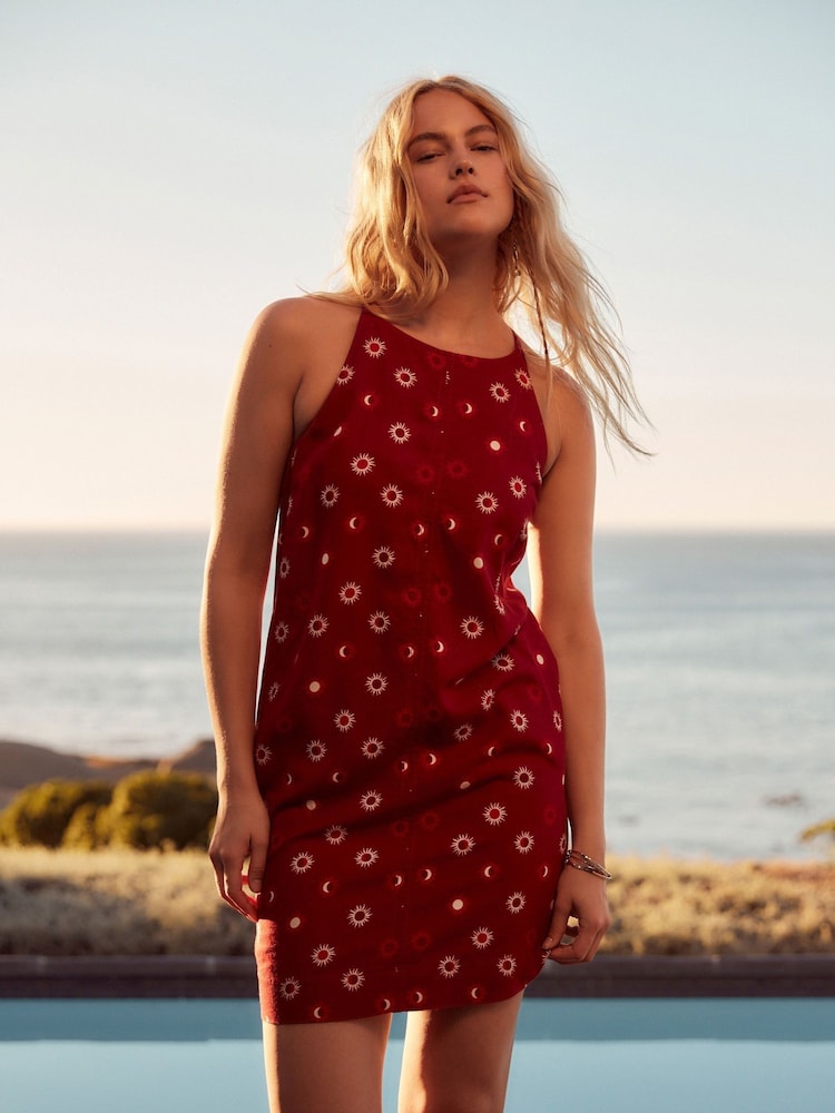 Red Linen Blend High Neck Mini Dress - Image 1 of 6
