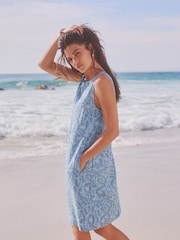 Blue/White Linen Blend Sleeveless Shift Dress - Image 2 of 6