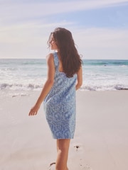 Blue/White Linen Blend Sleeveless Shift Dress - Image 3 of 6