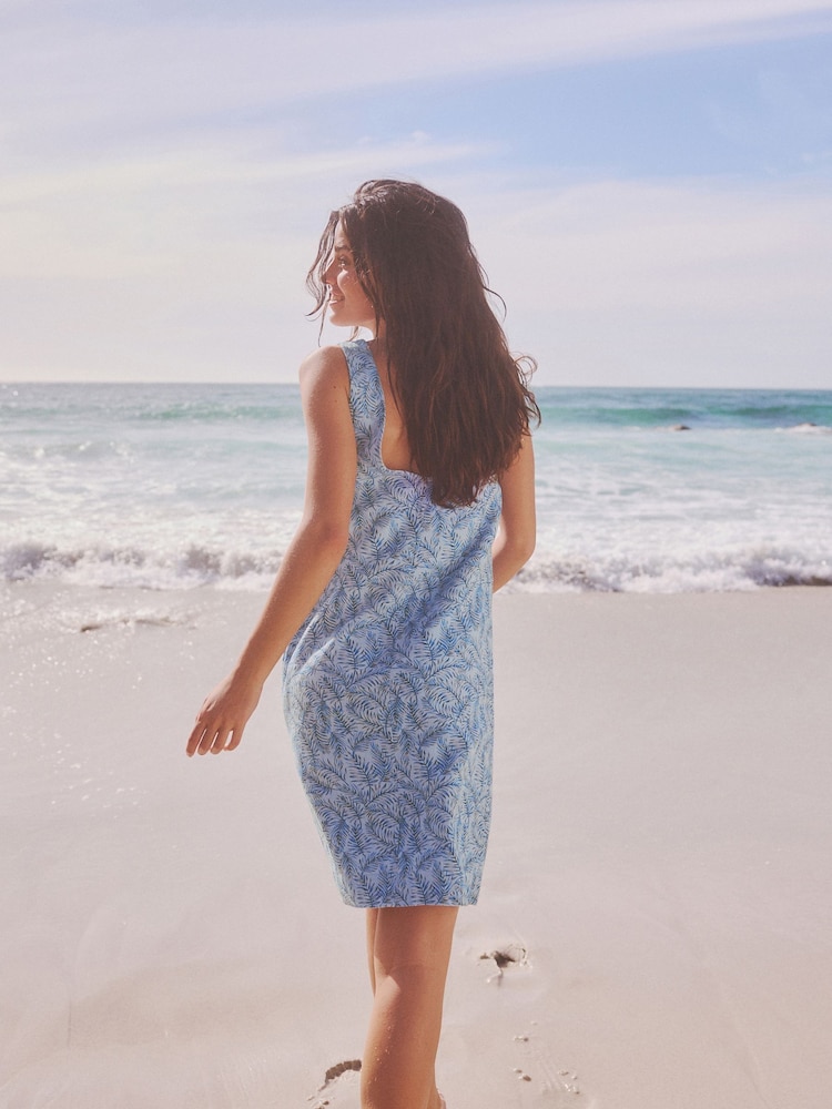 Blue/White Linen Blend Sleeveless Shift Dress - Image 3 of 6