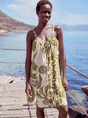 Green Leaf Print Mini Tie Front Summer Dress - Image 1 of 7