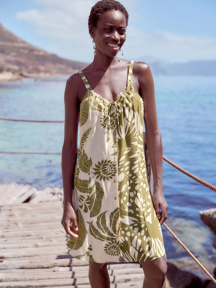Green Leaf Print Mini Tie Front Summer Dress - Image 1 of 7 Green Leaf Print Mini Tie Front Summer Dress - Image 1 of 7