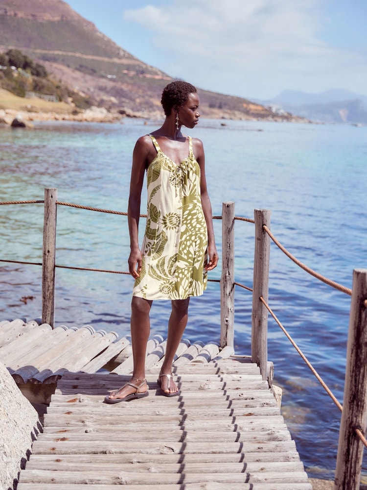 Green Leaf Print Mini Tie Front Summer Dress - Image 2 of 7