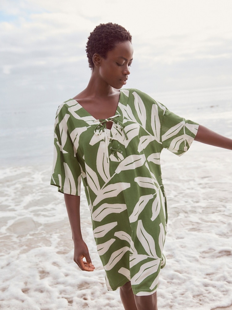 Green/White Oversized Cover Up Kaftan With Linen - Image 1 of 7