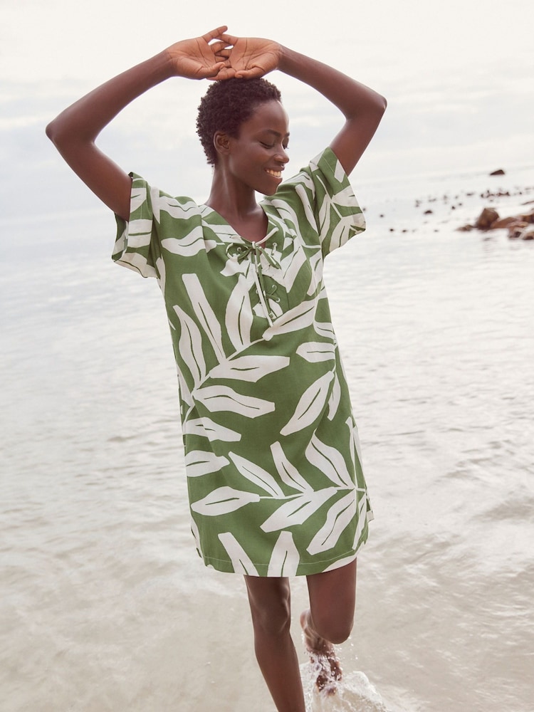 Green/White Oversized Cover Up Kaftan With Linen - Image 2 of 7