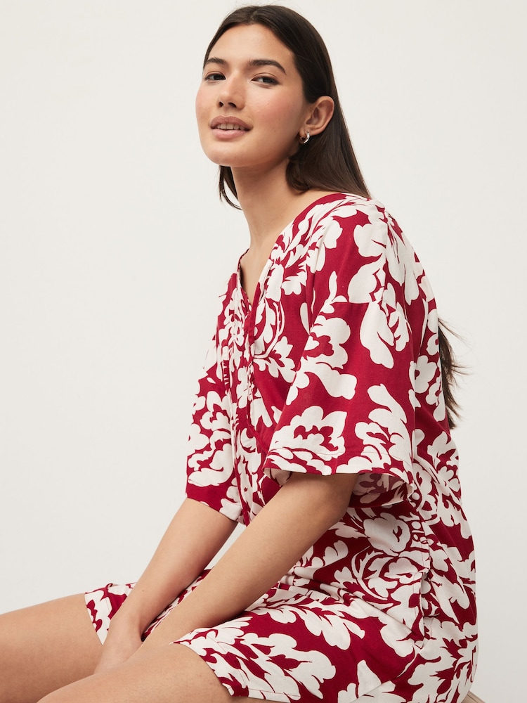 Red/Cream Oversized Cover Up Kaftan With Linen - Image 2 of 6