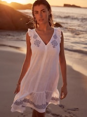 White Linen V-Neck Blend Summer Sleeveless Shift Dress - Image 1 of 4