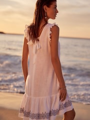 White Linen V-Neck Blend Summer Sleeveless Shift Dress - Image 3 of 4