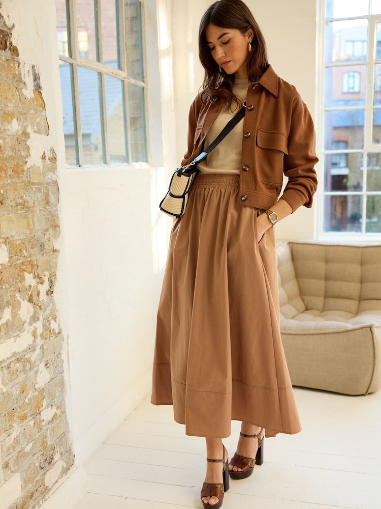Stone Poplin Midi Shirred Waist Skirt - Image 1 of 6